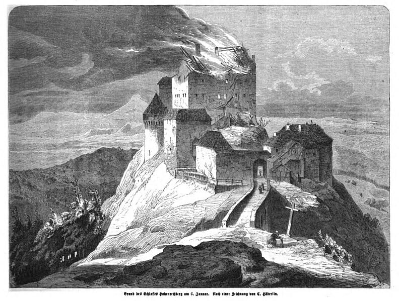 Brand von Burg Rechberg, Stich in der "Illustrierten Zeitung Leipzig" vom 28. Januar 1865 (C. Häberlin)